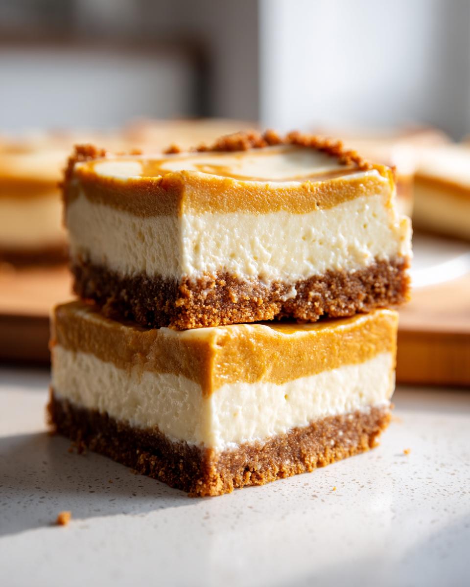 Two stacked slices of easy pumpkin cheesecake bars with a graham cracker crust and caramel drizzle.