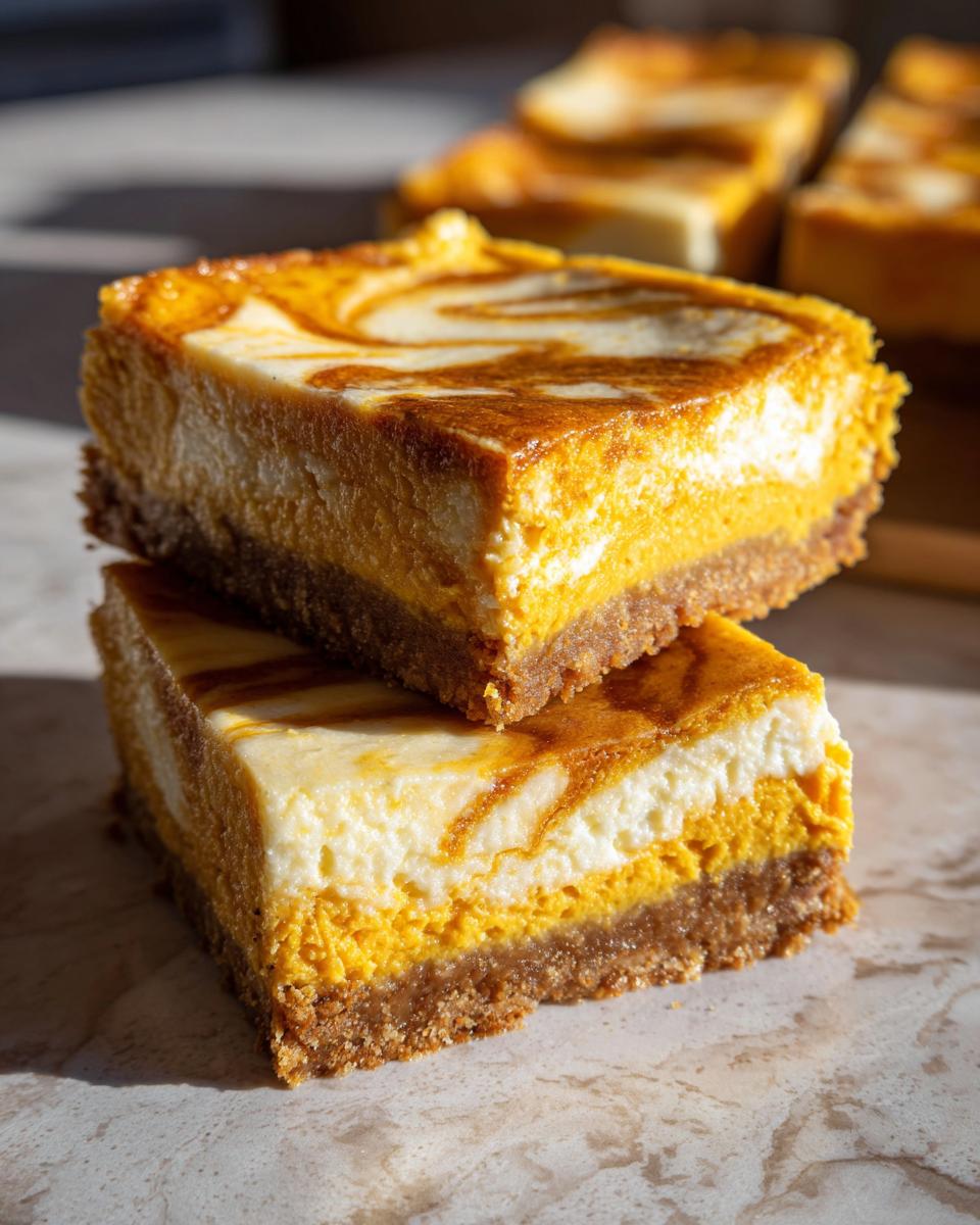 Close-up of two stacked Pumpkin Cheesecake Bars with a graham cracker crust and swirled pumpkin and cream cheese topping.
