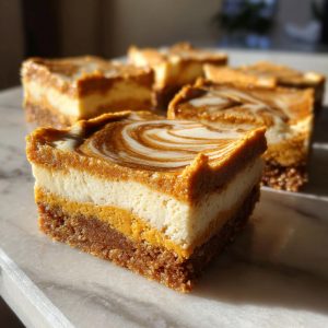 Close-up of a slice of pumpkin cheesecake bars with a graham cracker crust and pumpkin swirl topping.