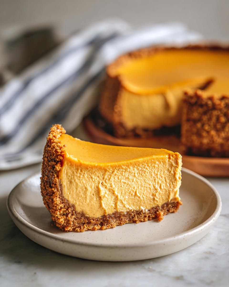A slice of creamy pumpkin cheesecake with a graham cracker crust on a speckled plate.