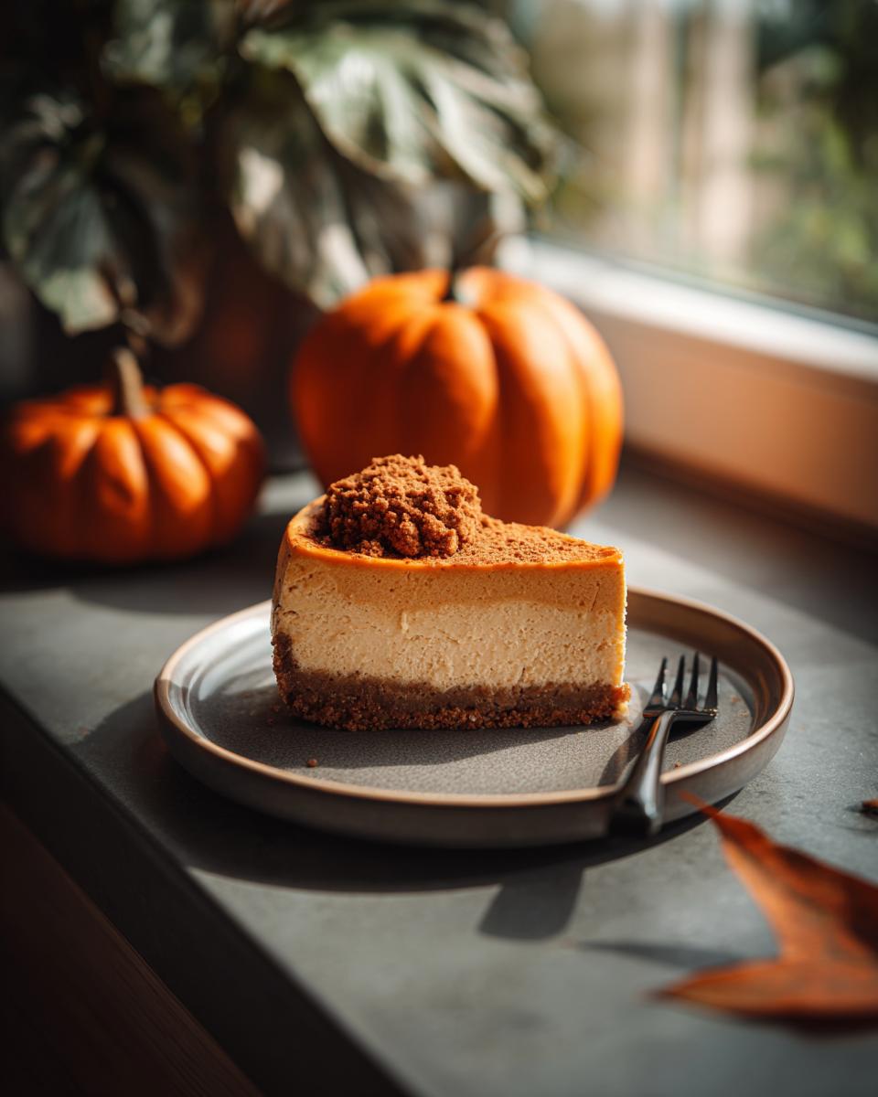 A slice of perfect pumpkin cheesecake with a graham cracker crust and a crumb topping, served on a plate with pumpkins in the background.
