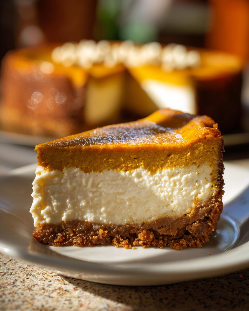 A close-up of a perfect pumpkin cheesecake slice on a white plate, showcasing its creamy texture and graham cracker crust.