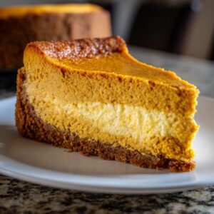 A slice of creamy pumpkin cheesecake with a graham cracker crust on a white plate.
