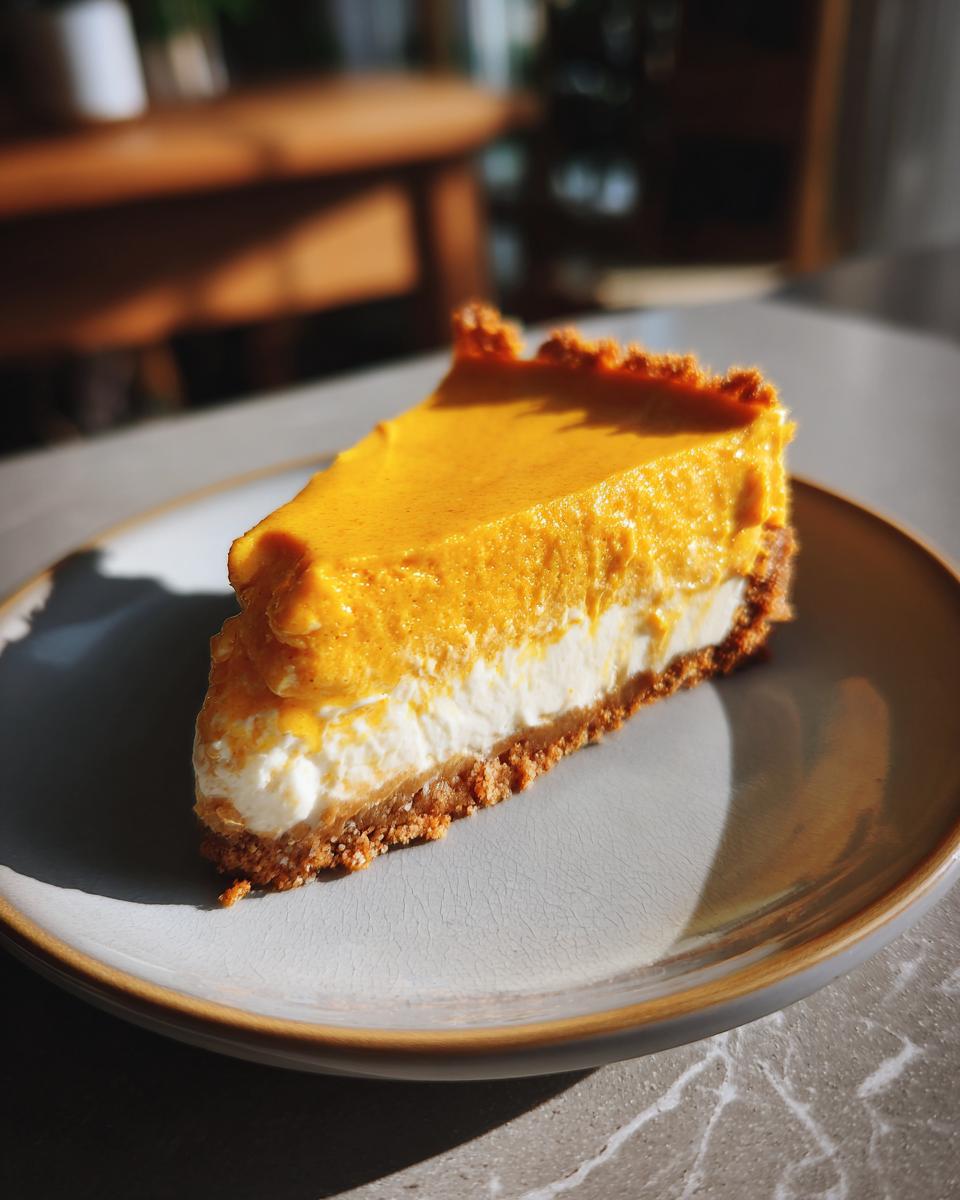 A perfect slice of pumpkin cheesecake with a creamy white layer and a rich orange pumpkin topping on a grey plate.