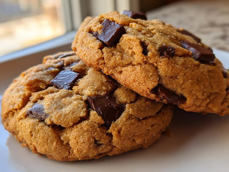 Close-up of two freshly baked pumpkin chocolate chip cookies with generous chunks of dark chocolate.