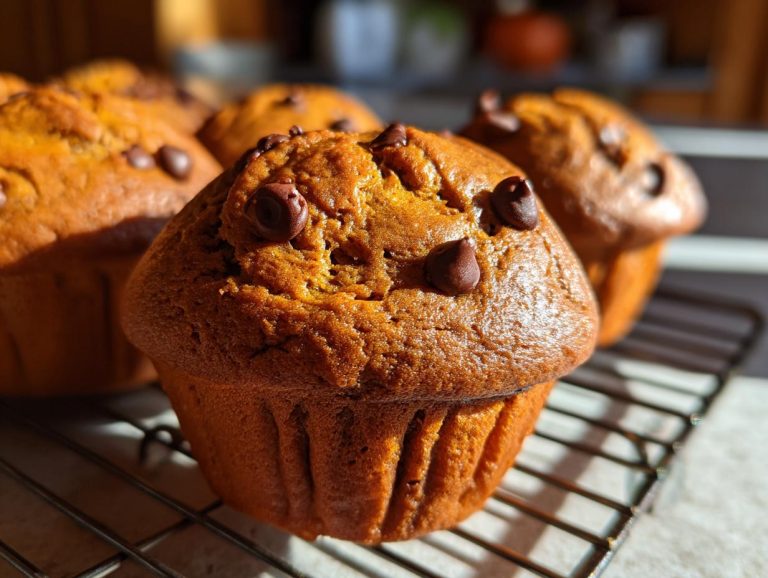Close-up of a freshly baked pumpkin chocolate chip muffin with chocolate chips on top, resting on a cooling rack.