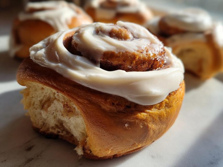 Close-up of a fluffy pumpkin cinnamon roll topped with creamy frosting, with more rolls blurred in the background.