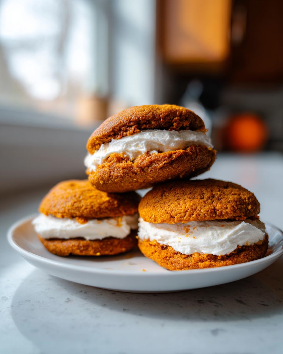 A stack of three pumpkin cookies filled with creamy frosting, showcasing the perfect texture of these pumpkin cookies.