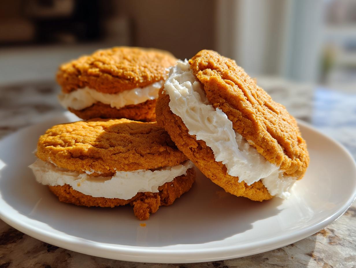 Close-up of three fluffy pumpkin cookies sandwiched with creamy white filling on a white plate.