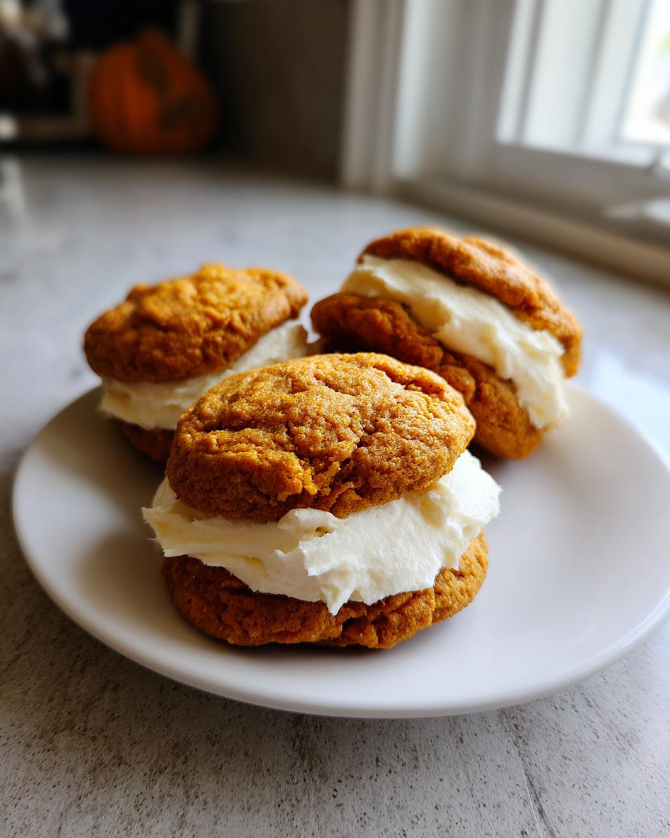 Close-up of three delicious pumpkin cookies sandwiched with creamy white frosting.