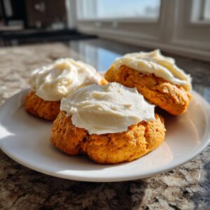 Close-up of three frosted pumpkin cookies on a white plate, showcasing their soft texture and creamy topping.
