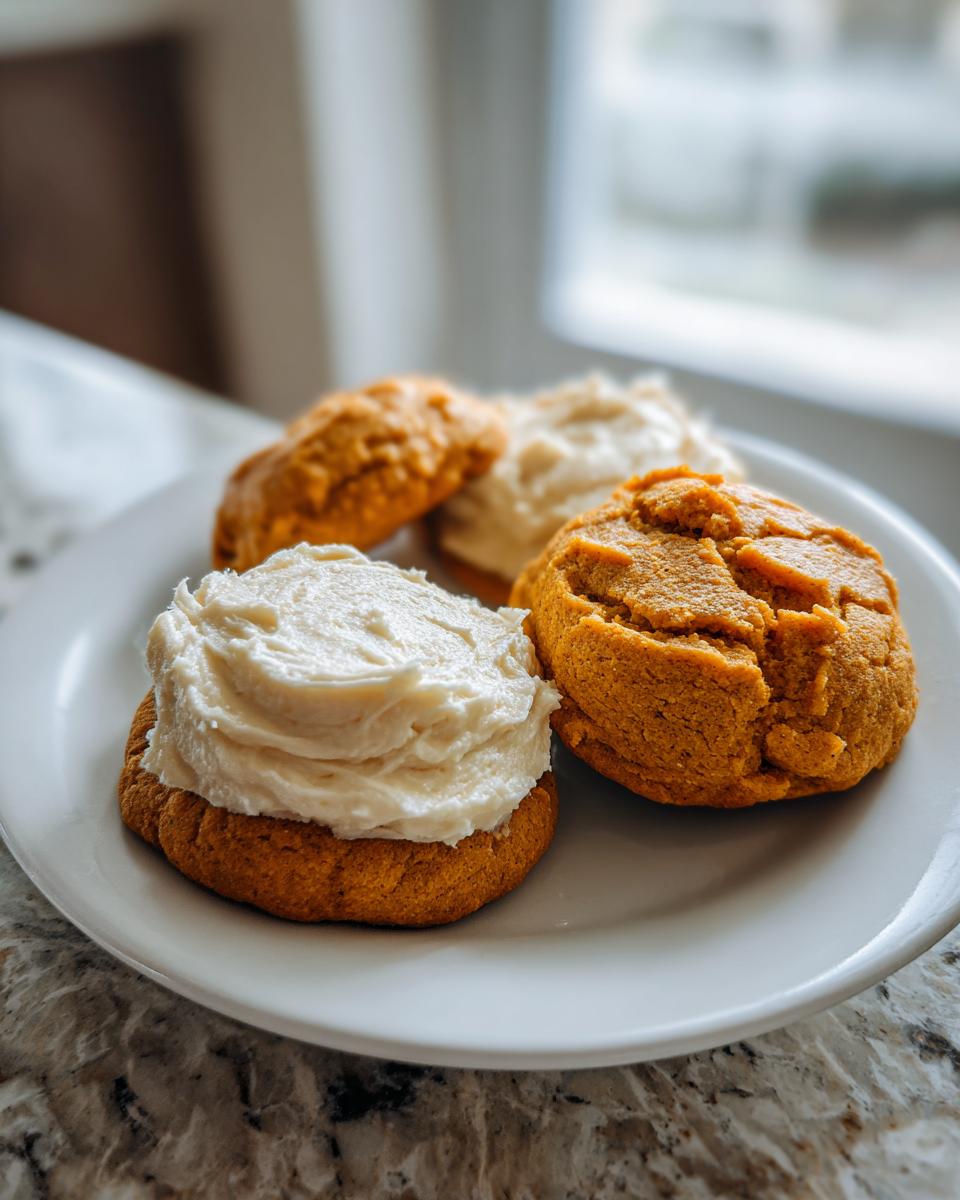 Close-up of two frosted pumpkin cookies and two unfrosted pumpkin cookies on a white plate.