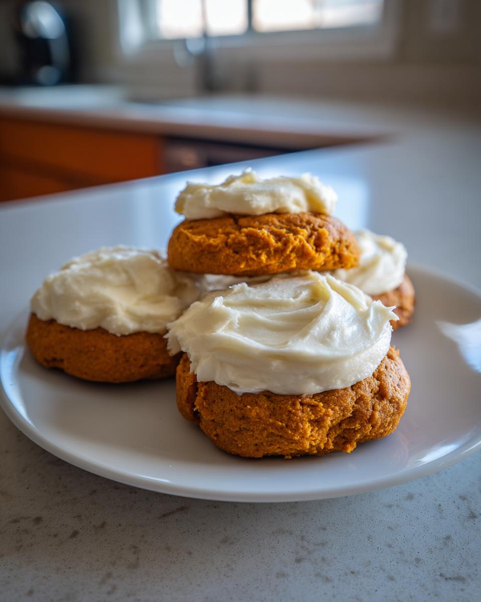 A stack of delicious pumpkin cookies topped with creamy white frosting on a white plate.