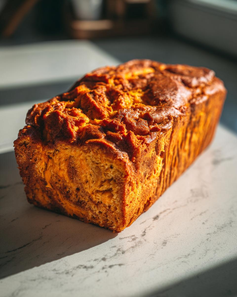 A close-up of a freshly baked pumpkin cream cheese bread loaf with a golden-brown crust and visible swirls.