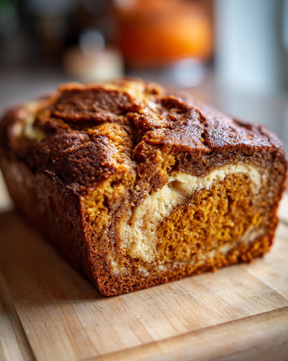 A close-up of a moist pumpkin cream cheese bread loaf with visible swirls of cream cheese.
