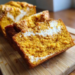 A close-up of a slice of moist pumpkin cream cheese bread, showing the creamy white filling.
