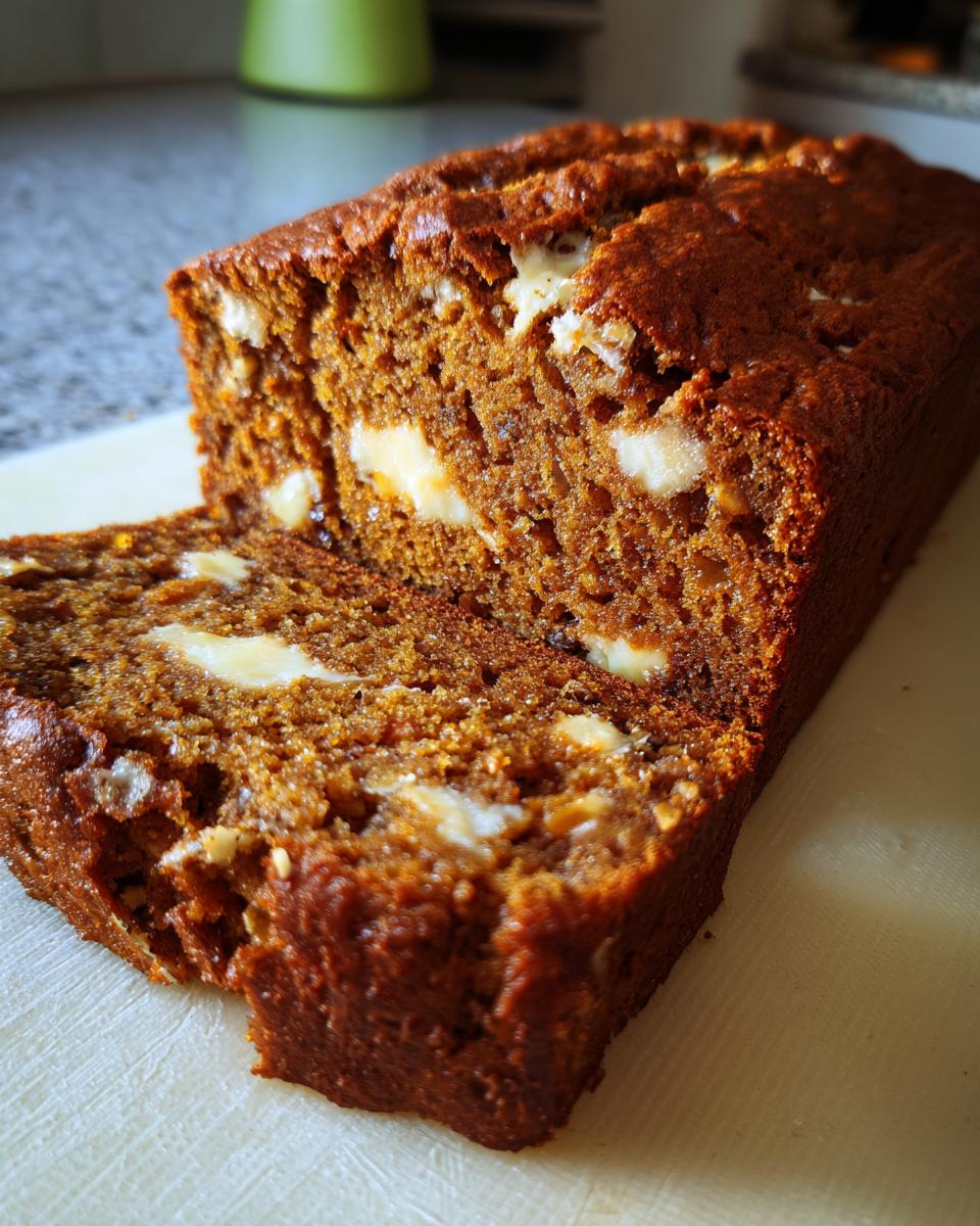 Close-up of a moist pumpkin cream cheese bread loaf with a slice cut, revealing creamy cheese swirls.
