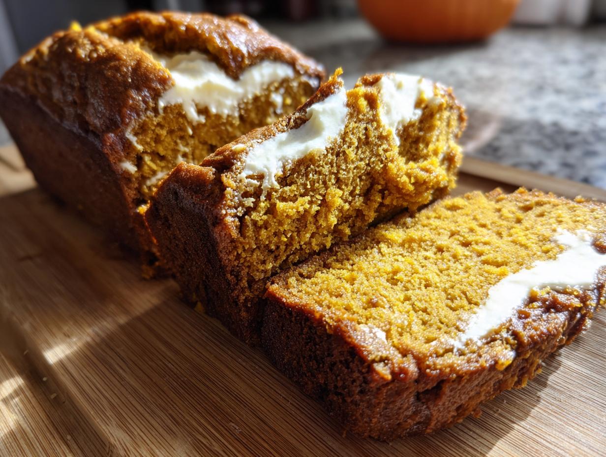 A close-up of a slice of moist pumpkin cream cheese bread, showing the rich orange crumb and creamy white filling.
