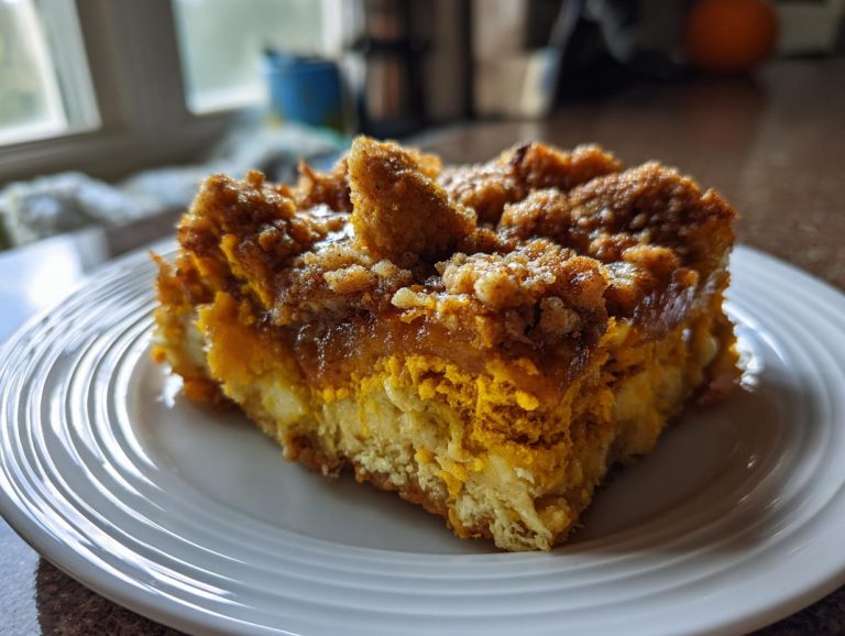 A close-up of a moist slice of pumpkin dump cake on a white plate, showcasing its layers.