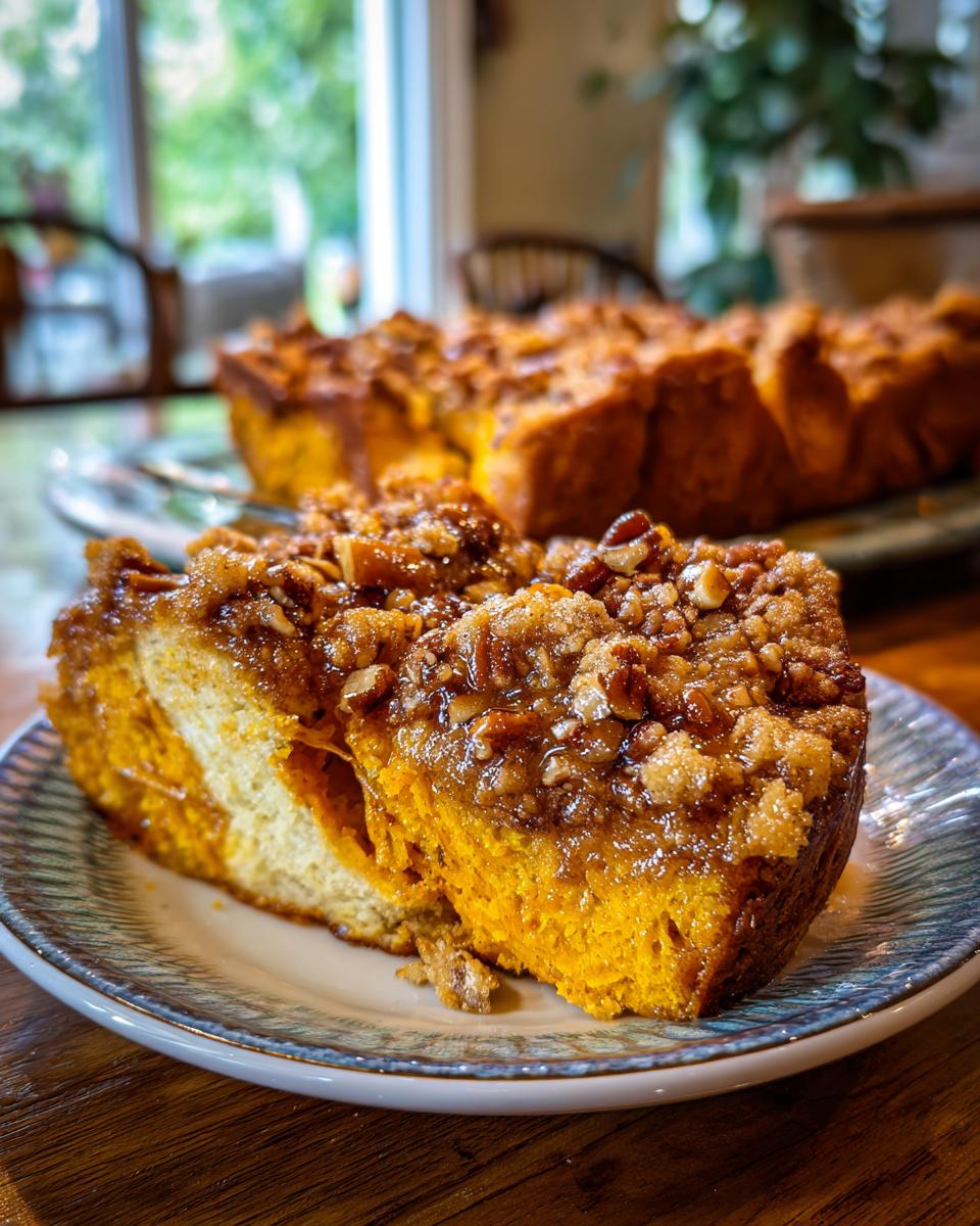 A close-up of a slice of pumpkin french toast casserole topped with pecans and a caramel glaze.