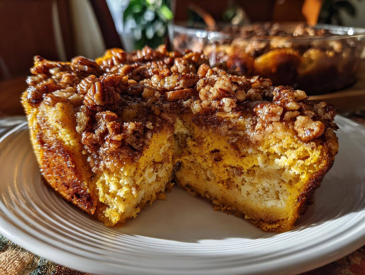 A slice of pumpkin french toast casserole topped with pecans and cinnamon, served on a white plate.