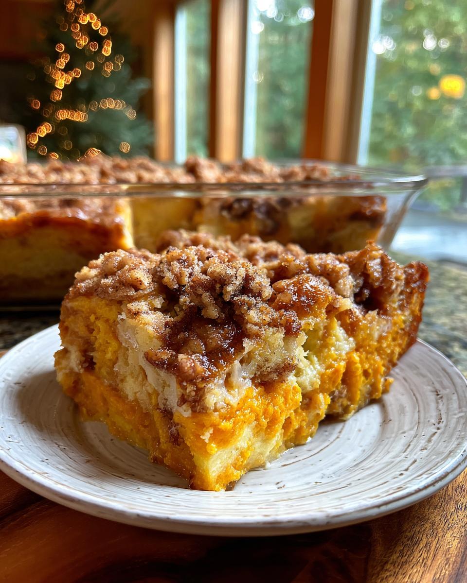 A delicious slice of pumpkin french toast casserole with a crumbly streusel topping, served on a plate.
