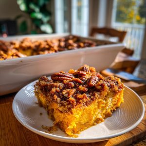 A slice of pumpkin french toast casserole topped with pecans and a crumb topping on a white plate.
