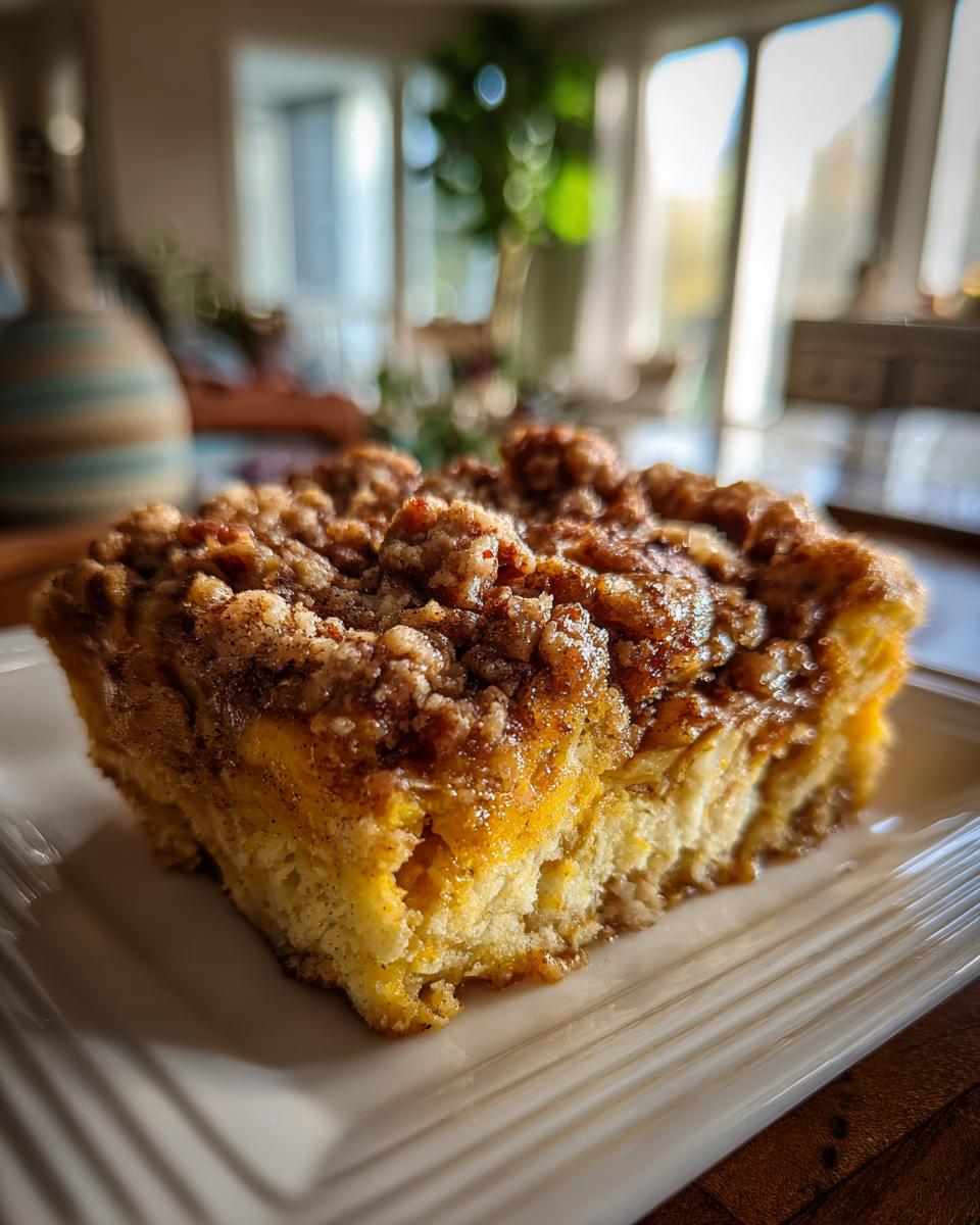 A close-up of a slice of pumpkin french toast casserole topped with a cinnamon crumble.