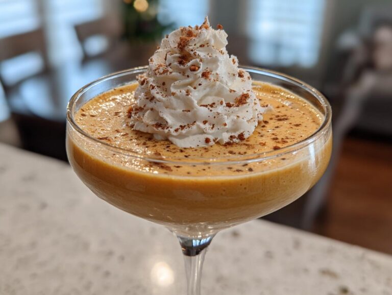 A close-up of a creamy pumpkin martini topped with whipped cream and a sprinkle of cinnamon.