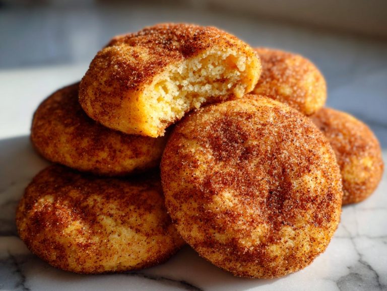 A close-up of a stack of chewy pumpkin snickerdoodle cookies, one broken in half to show the texture.