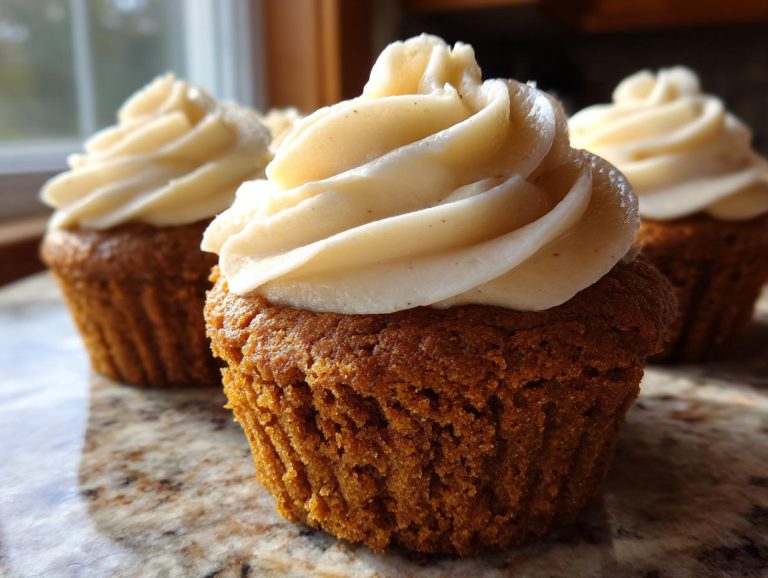 Close-up of moist pumpkin spice cupcakes topped with swirls of cream cheese frosting.