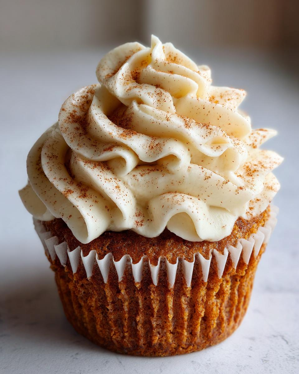 A close-up of a delicious pumpkin spice latte cupcake topped with swirls of creamy frosting and a dusting of cinnamon.