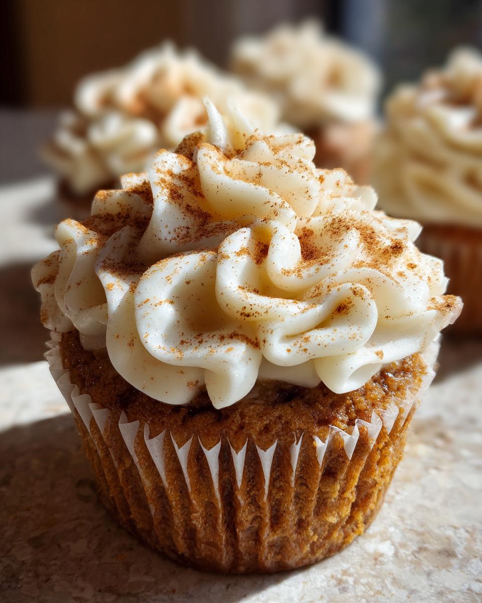 Close-up of a delicious Pumpkin Spice Latte cupcake topped with swirled white frosting and a sprinkle of cinnamon.