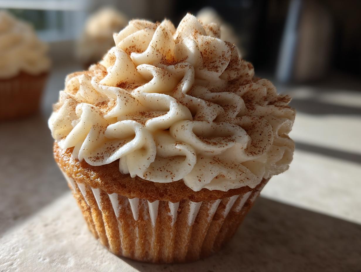Close-up of a perfectly baked pumpkin spice latte cupcake topped with creamy cinnamon frosting and a sprinkle of cinnamon.