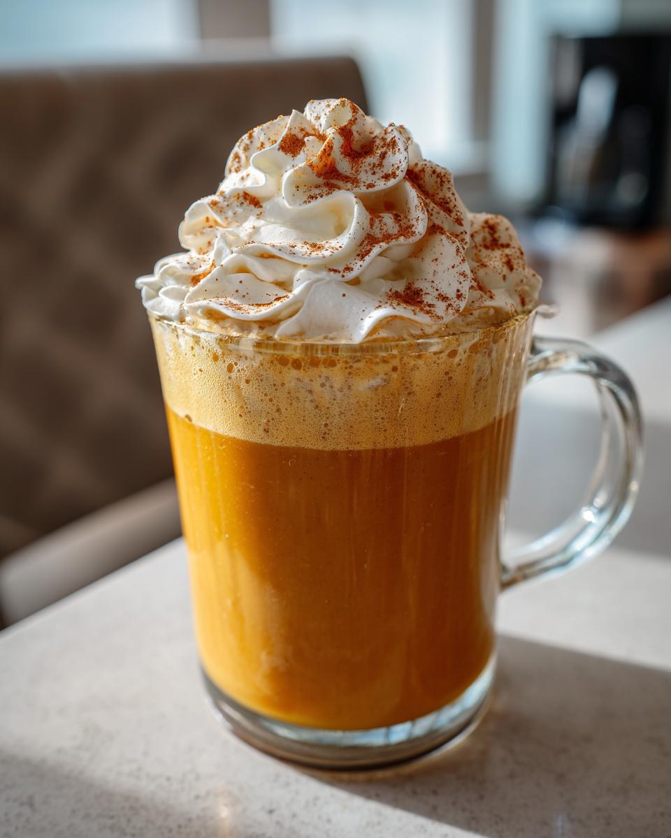 A close-up of a creamy Pumpkin Spice Latte topped with whipped cream and a sprinkle of cinnamon.