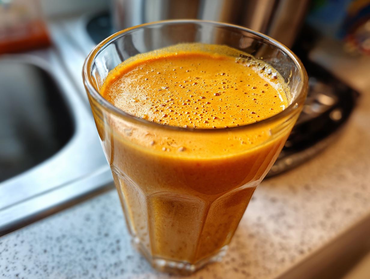 A close-up of a vibrant orange pumpkin spice smoothie in a clear glass, with a frothy top.