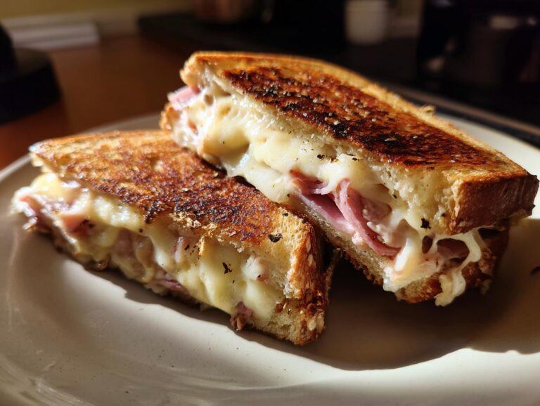 A close-up of a perfectly grilled Reuben sandwich, cut in half, with gooey melted cheese and thinly sliced corned beef.