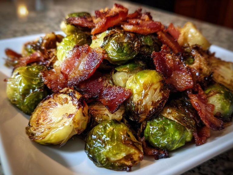 A close-up of roasted brussels sprouts with bacon, showing crispy edges and savory bacon pieces.