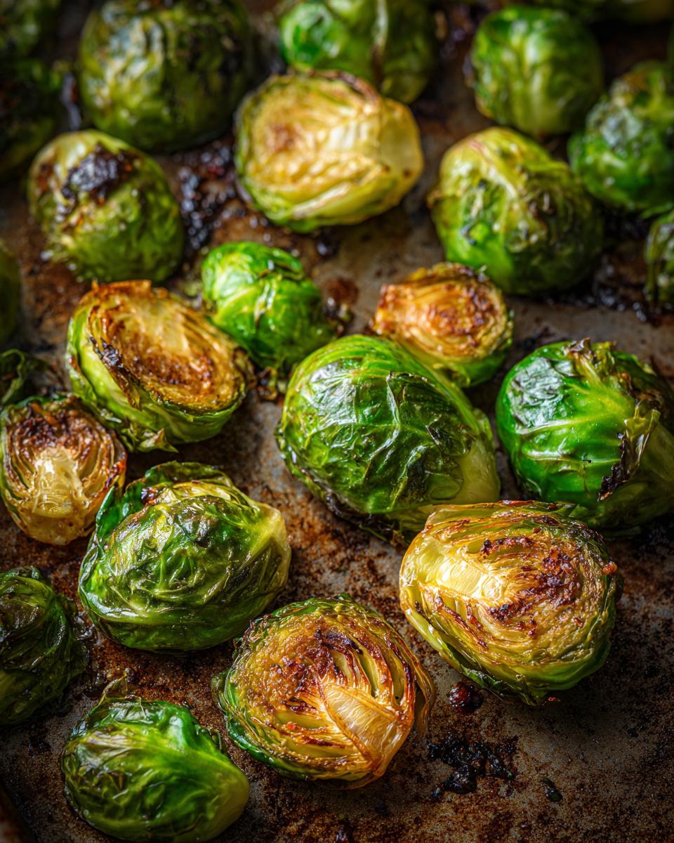 Close-up of delicious roasted brussels sprouts, some halved, on a dark baking sheet with crispy edges.