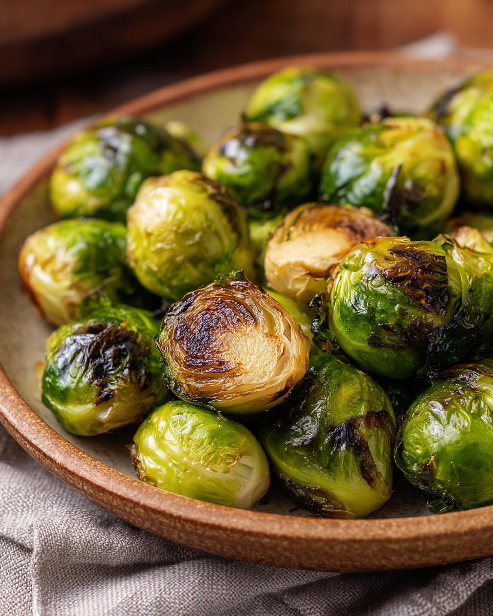 Close-up of a bowl filled with perfectly roasted brussels sprouts, showing their caramelized edges and vibrant green color.