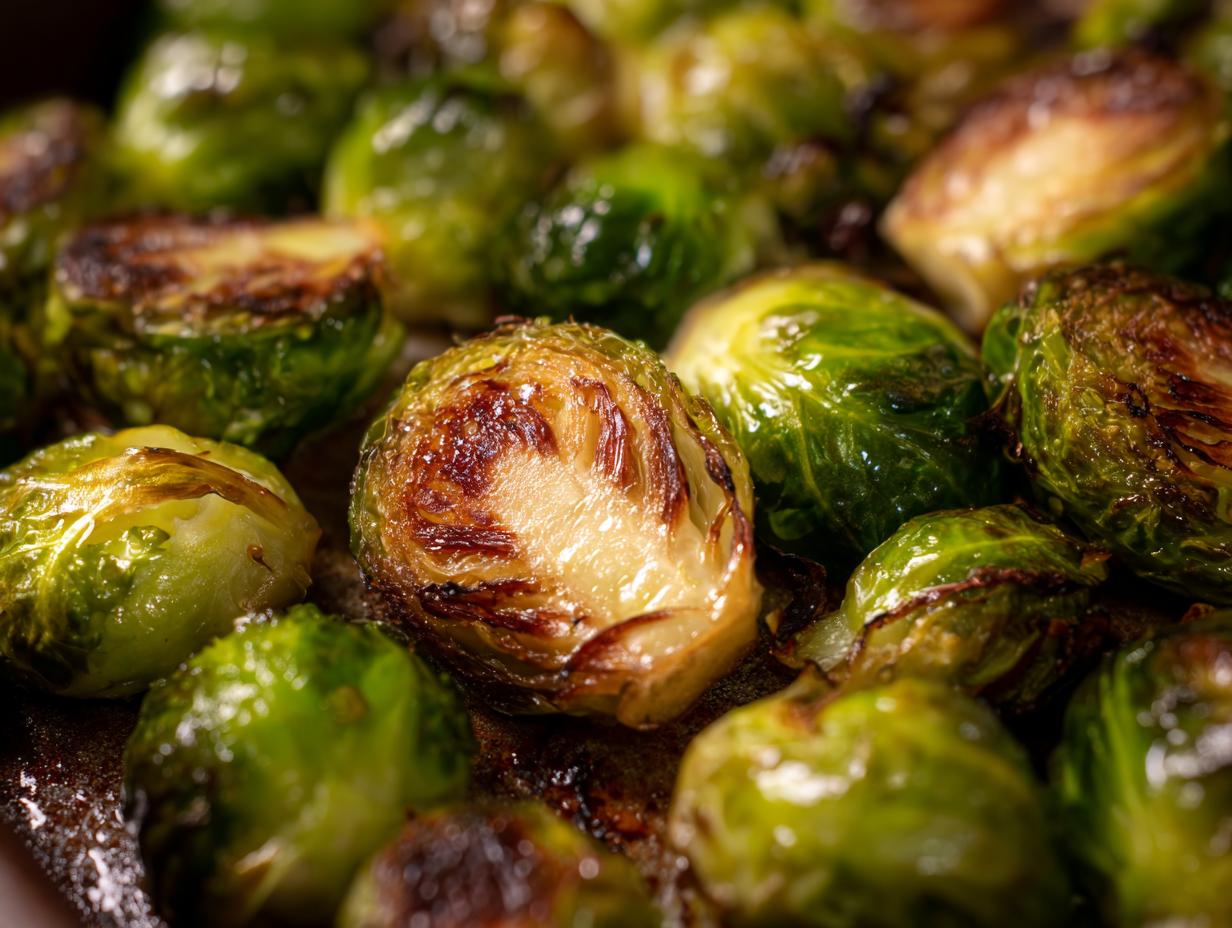 Close-up of perfectly roasted brussels sprouts, showing crispy edges and tender centers.
