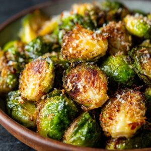 Close-up of delicious roasted brussels sprouts, perfectly browned and sprinkled with Parmesan cheese.