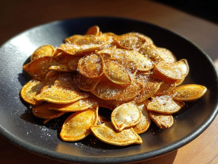 A close-up of a pile of perfectly roasted pumpkin seeds, seasoned with salt, on a dark plate.