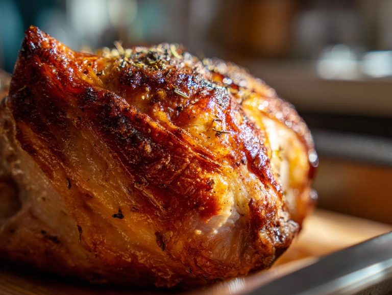 Close-up of a perfectly roasted turkey breast with crispy golden-brown skin and herbs.