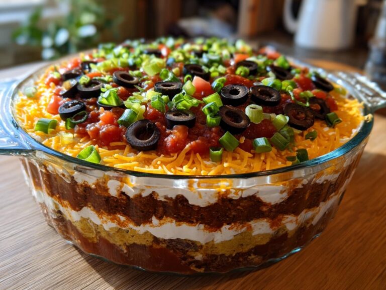 A clear glass dish filled with a vibrant seven-layer dip, topped with olives, green onions, and tomatoes.