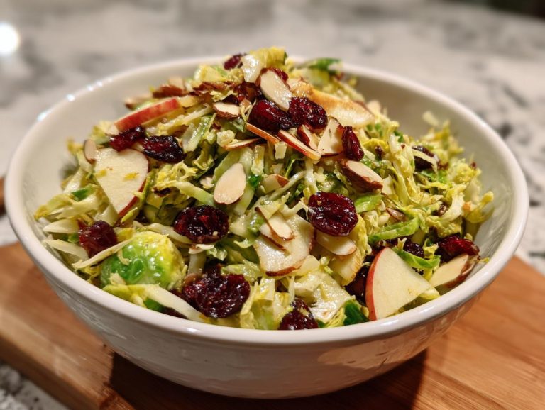 A close-up of a vibrant shaved Brussels sprouts salad topped with dried cranberries and sliced almonds.