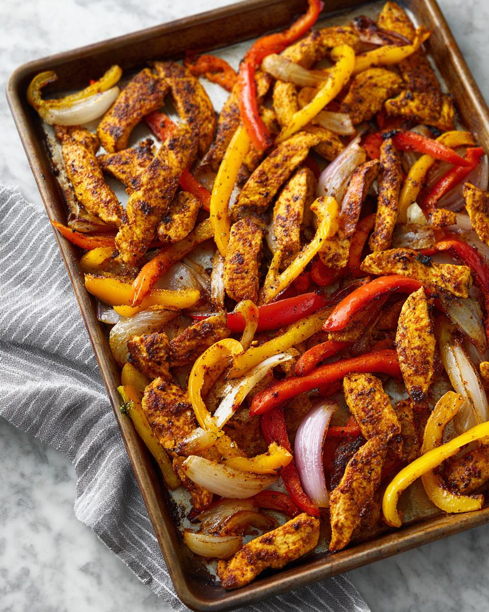A close-up view of colorful sheet pan chicken fajitas, featuring seasoned chicken strips, red, yellow, and white onions, and bell peppers on a baking sheet.