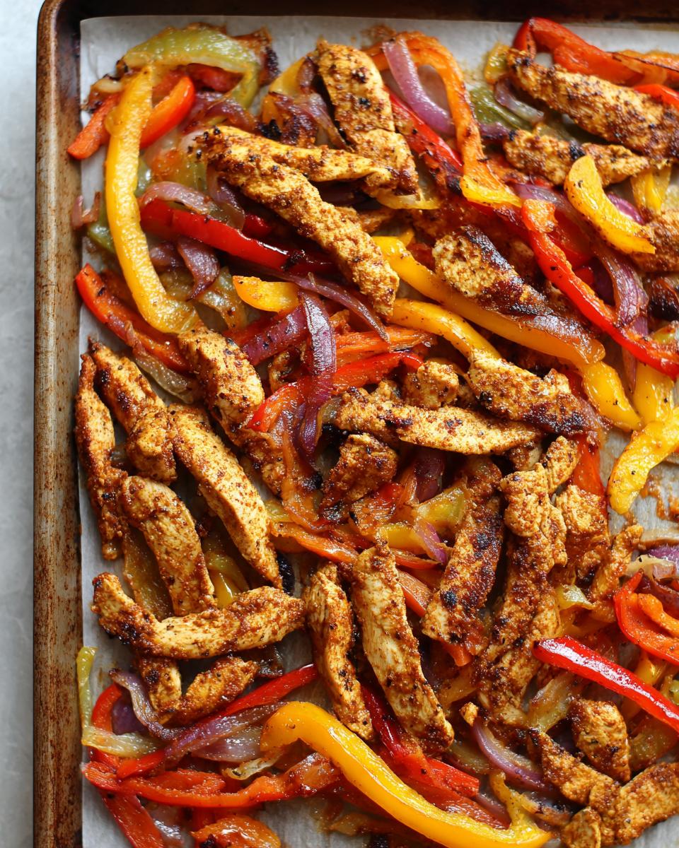 A close-up view of colorful sheet pan chicken fajitas with sliced bell peppers and onions, seasoned and roasted.