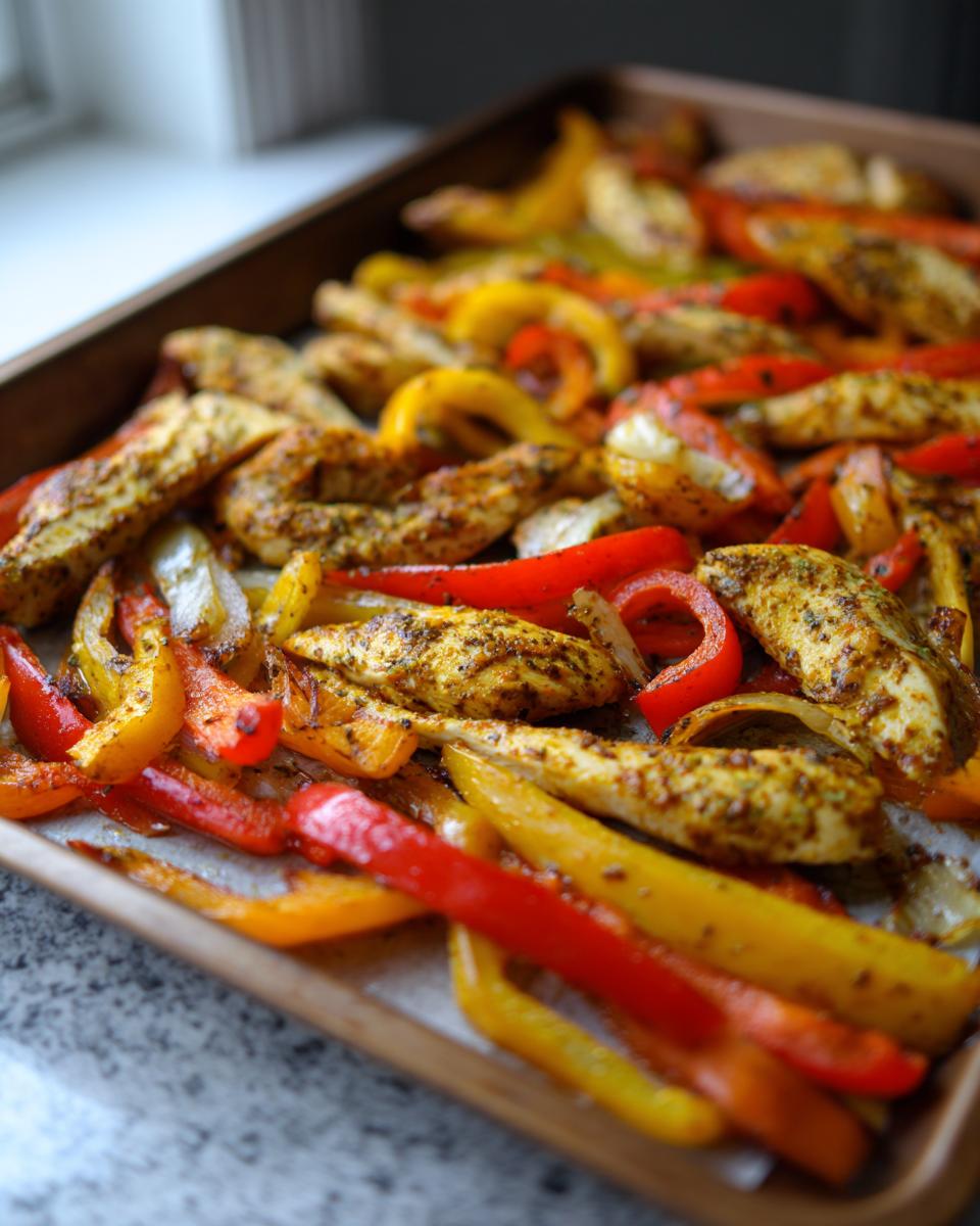 Close-up of colorful bell peppers and seasoned chicken strips on a baking sheet, ready for sheet pan chicken fajitas.
