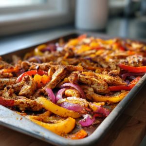 Close-up of colorful sheet pan chicken fajitas with bell peppers and onions, seasoned and roasted.